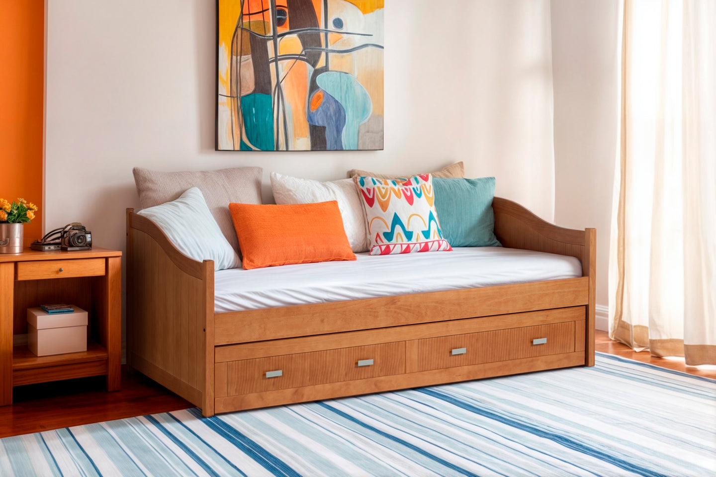 Ausziehbett Einzelbett Modul aus Massivholz – Nussbaum-Optik | Holzbett